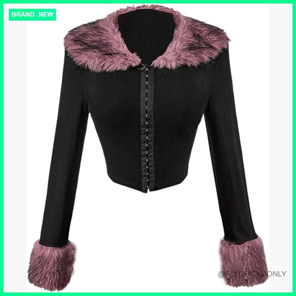Faux Fur Cropped Coat with Hook & Eye Closure Long Sleeve
